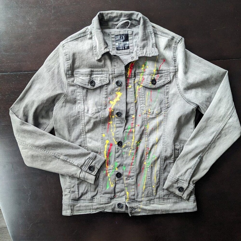 Black Pike Distressed Denim Jacket Multicolor Paint Splatter Women's Medium
